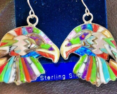 Stolze gefiederte Opal Adler Ohrringe großer Opal feuerrot schwarz Sterling Damen