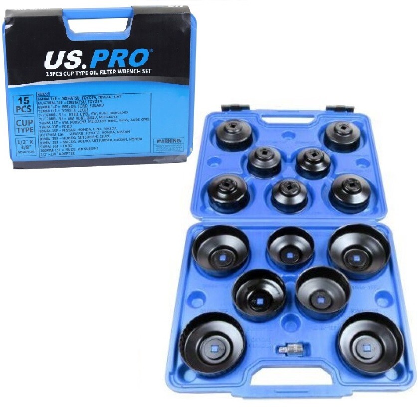US PRO TOOLS 15pc Cup Type Oil Filter Removal Wrench Set Filter Cap Sockets