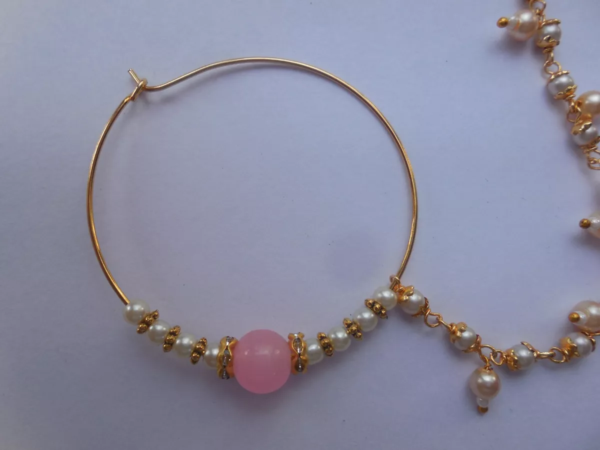 Pink Bead Indian Bridal Nose Ring Chain Gold Plated Hoop Nath