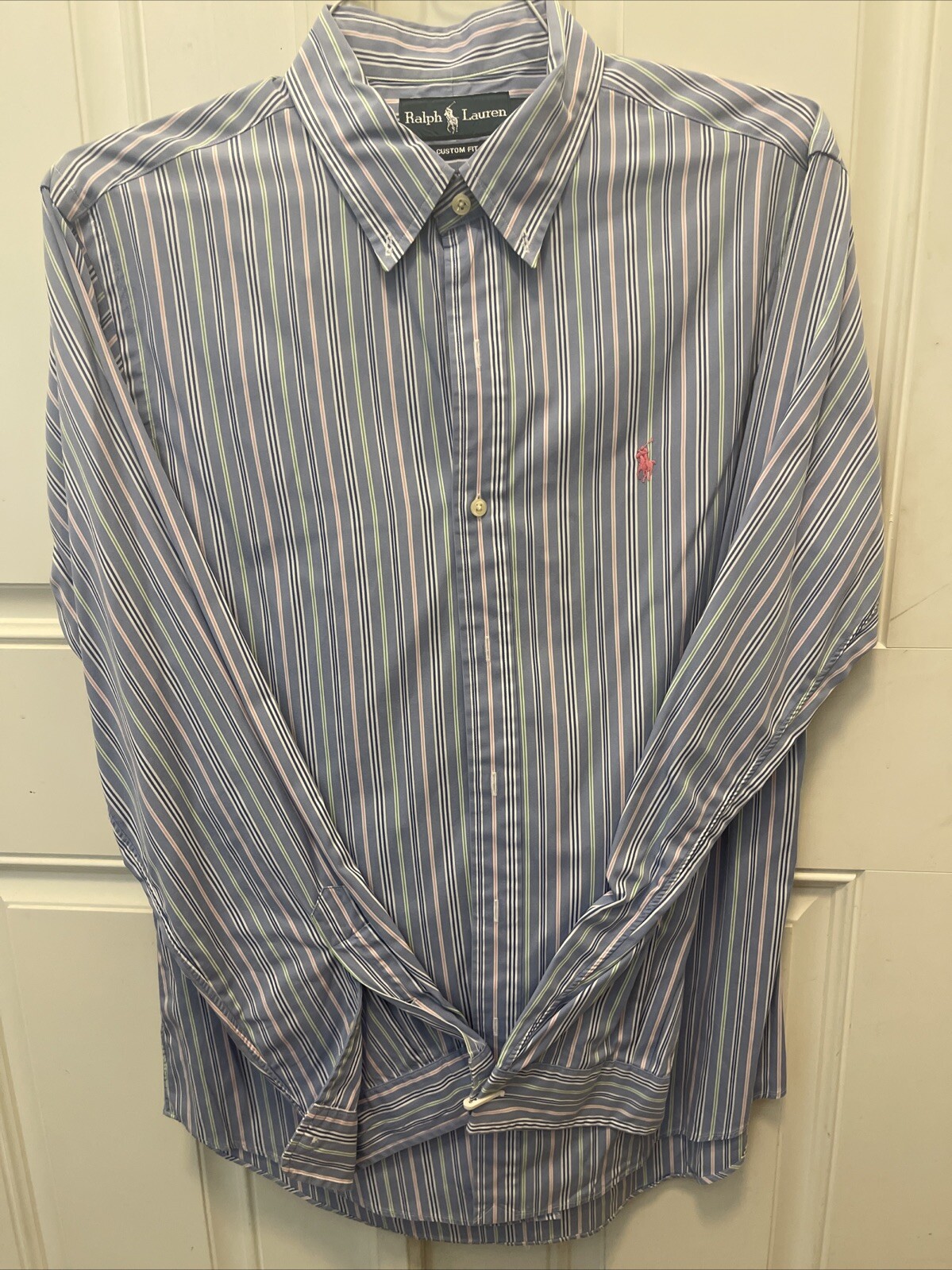 Ralph Lauren camicia uomo blu medio rosa pony multi righe bottoni vestibilità personalizzata