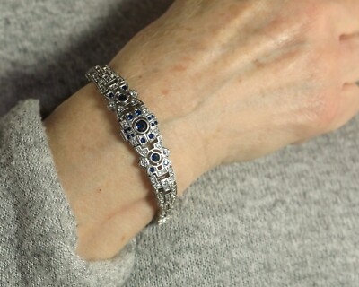 Bracelet Argenté Style Art Déco Vintage - CZ Bleu, Inspiration Années 1920 - Neuf Sans Emballage