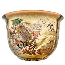 Satsuma Style Koi Fish Bowl Planter Hand Painted Gold Leaf Moriage Birds Flock