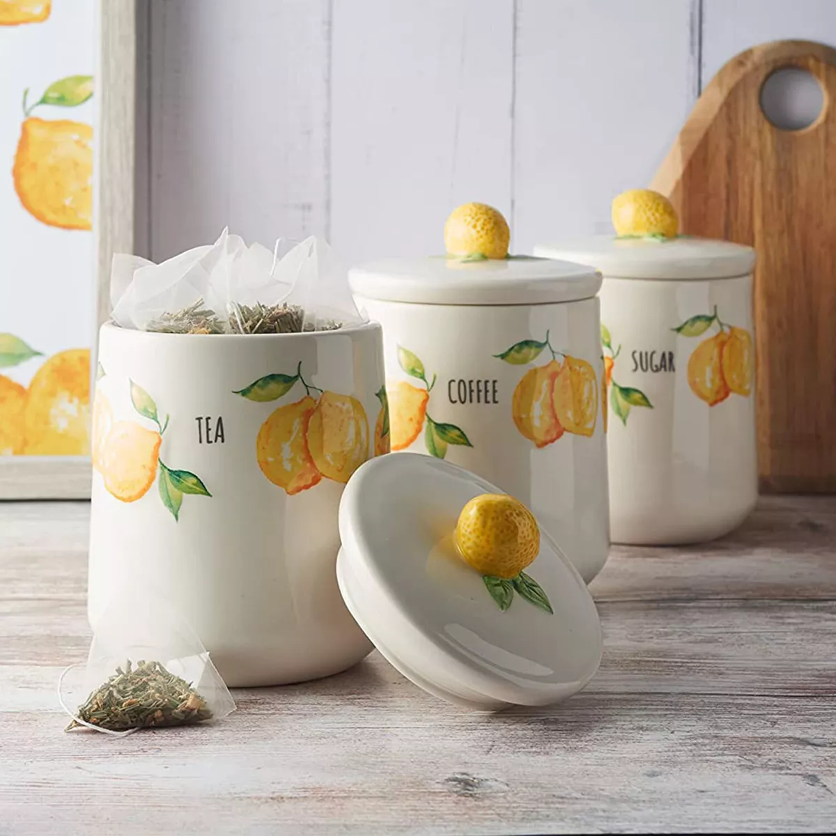 Ceramic Tea Coffee Sugar Canister Set Kitchen Storage Jar Amalfi Lemon  Tableware