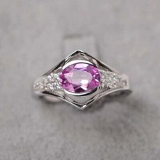 2.18ct Oval Cut Lab Created Pink Sapphire Solitaire With Accent Ring 925 Silver