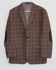 Jos A Bank Mens 44L TWEED Wool Blazer Brown Plaid Elbow Patch Tailored Slim Fit