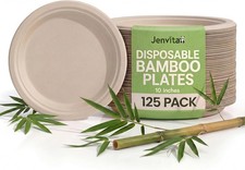 Paper Bamboo Plates Disposable 125-Pack, 10-inch Sturdy Microwave Safe