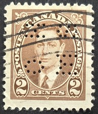 Canada - 1937 Scott 233 King George VI 2 Cent Brown - PERFIN - Stamp