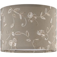 Creme Fabric Drum Lamp Shade with Embroidered Leaf Trim 13" Top x 13" Bottom x