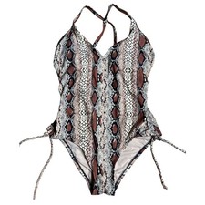 Kona Sol Snakeskin Print One Piece Swimsuit Brown Cream Women's Size Small