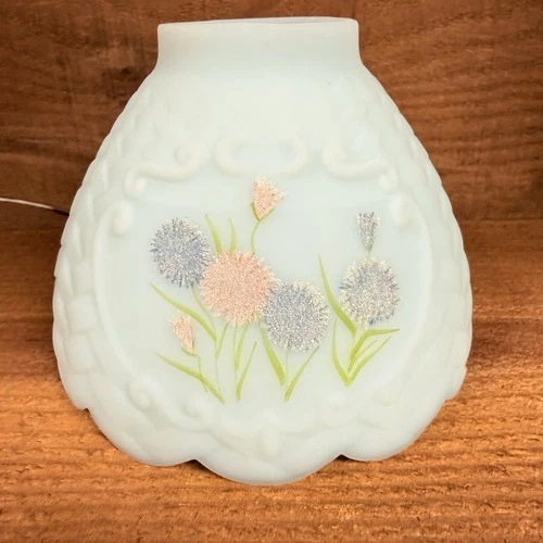 Vintage Fenton Fairy Lamp Frosted Asters On Blue Satin Shade Only Painted Signed