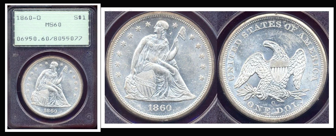 1860-O $1 - RARE OLD RATTLER SLAB PCGS MS 60- PURE WHITE MINT LUSTER SEATED LIBE