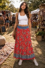 VTG Western Denim Waist Yoke Boo Paisley Floral Maxi Skirt Button Pockets TT06