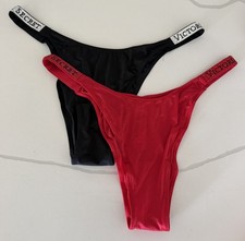 Victoria s Secret VS Brazilian Panties Logo Shine Strap Red Black Satin XL NWT