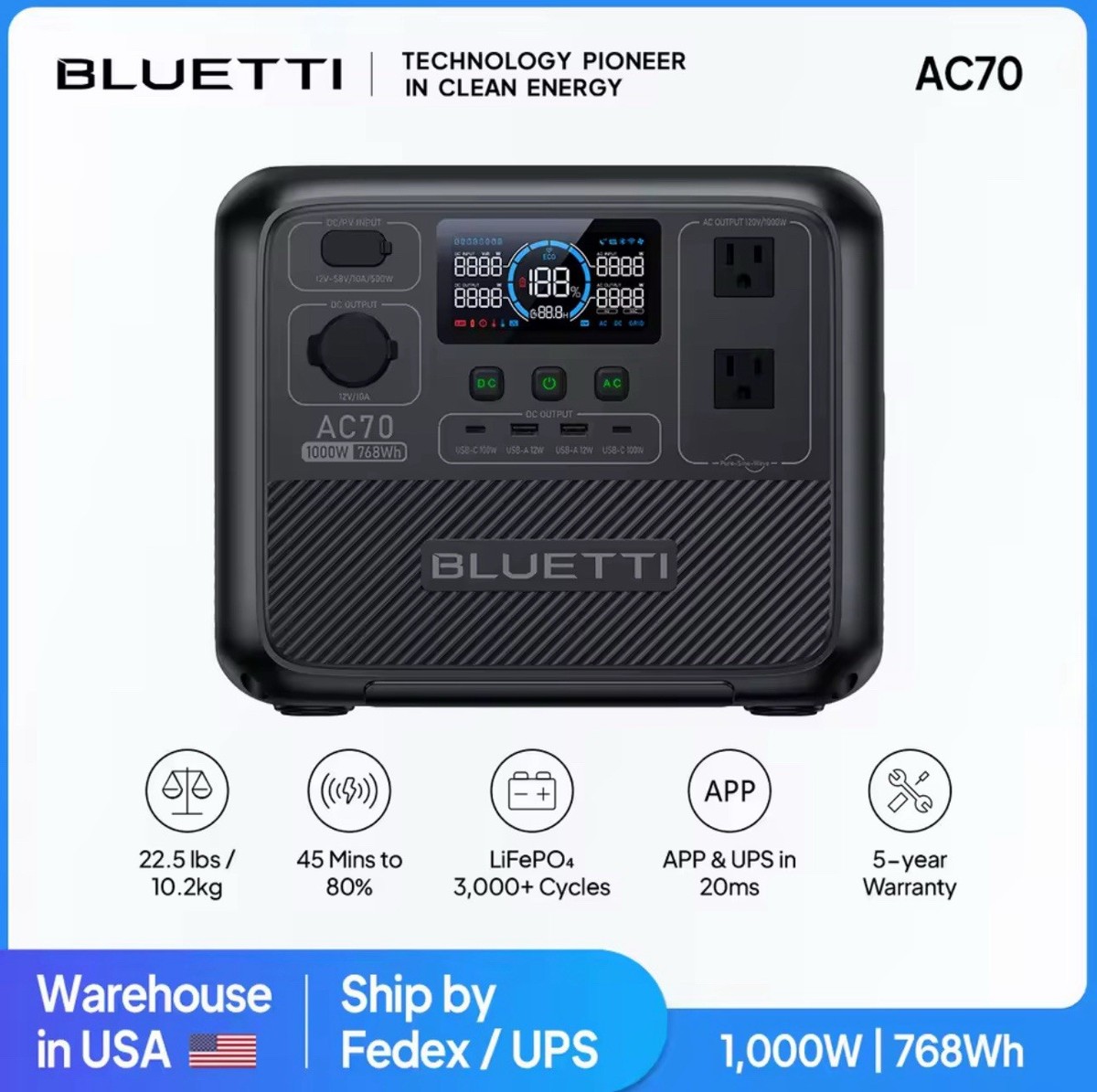BLUETTI AC70 1000W 768Wh Portable Power Station Solar Generator