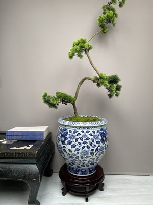 XL chinesischer blau-weißer Porzellan Boden Übertopf 43 cm handbemalt Löwe Ring Griff