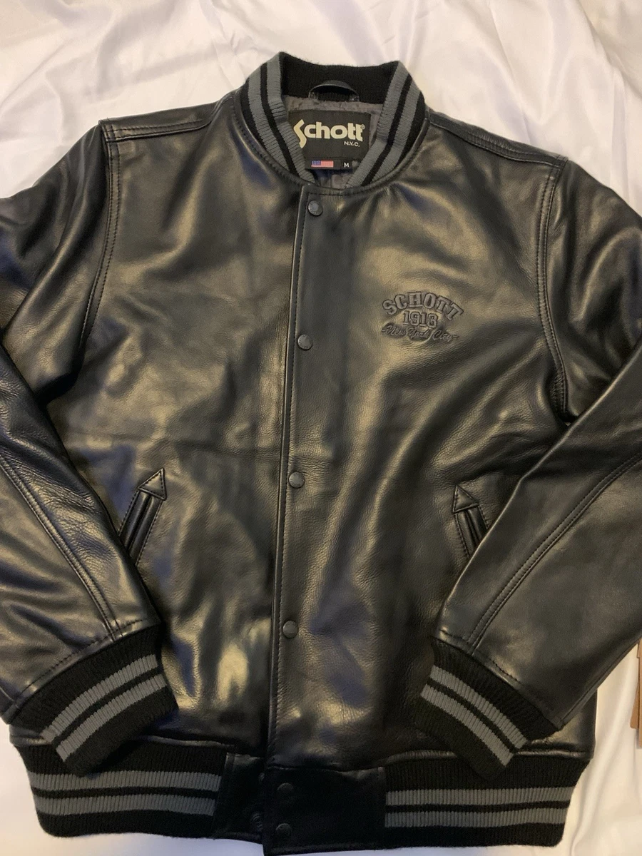 Chaqueta universitaria de bombardero de cuero para hombre Schott NYC talla M negra nueva con etiquetas