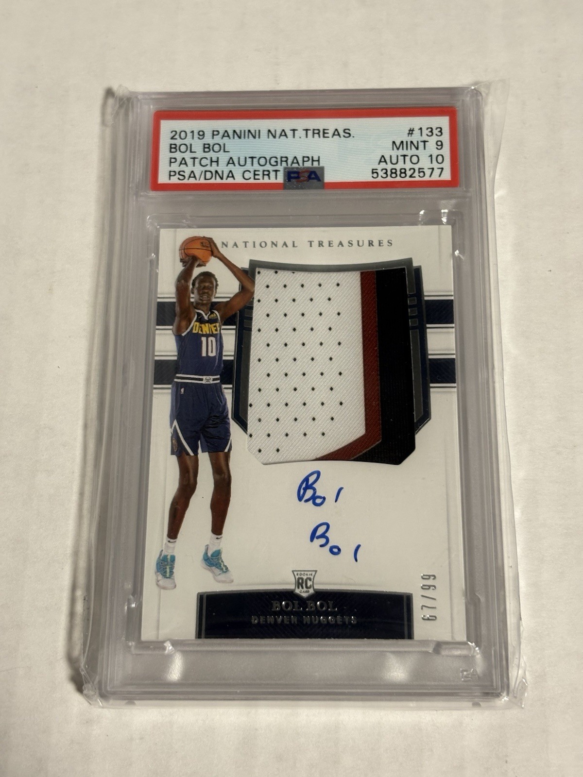 2019 National Treasures #133 Bol Bol RPA RC Rookie Patch AUTO 67/99 PSA 9 MINT