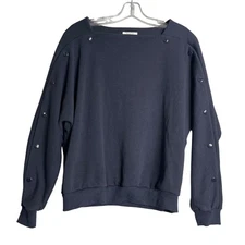 Frnch Snap Button Detail Sleeve Sweatshirt Womens S M Navy Blue Dolman Sleeve