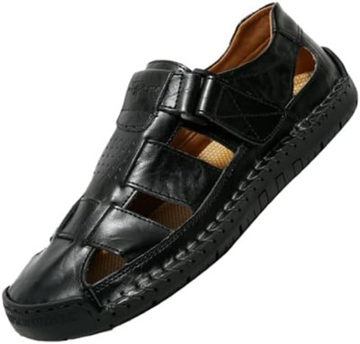 Men's Leather Flat Sandals Closed Toe Anti-Slip Casual Wading Beach Head Soft 