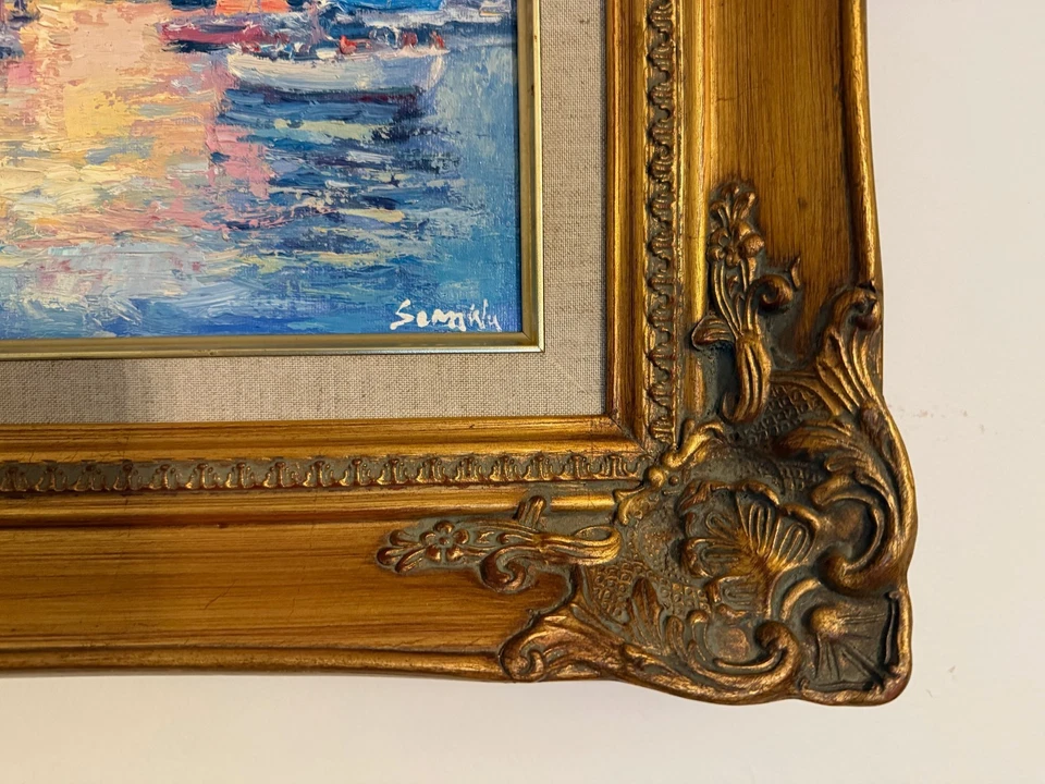 Pintura al óleo impresionista - Veleros al atardecer - Marco dorado ornamentado Foto 3 de 3