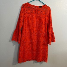 J.Crew Eyelet Bell Sleeve Shift Dress Size 8 Orange Coral Embroidered AK236