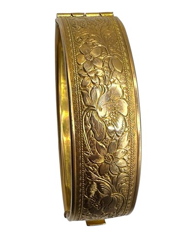 Antique Gold Tone Hinged Bangle Bracelet Etched Flowers - Picture 3 of 10