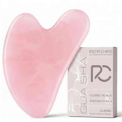 Rena Chris Rose Quartz Gua Sha Facial Massage Tool for Skin Therapy, Jawline