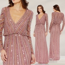 Mac Duggal 10 Sequin, Long Sleeve, V-Neck Gown | Rosewood Pink, Blush 93647 NWT