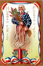 1908 Embossed Uncle Sam 4th of July Patriotic Fireworks Postcard Nash