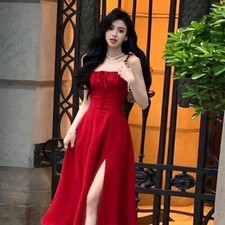 Womens Summer Sleeveless Strap Waist Split Skirt Evening Party Long Dress Red