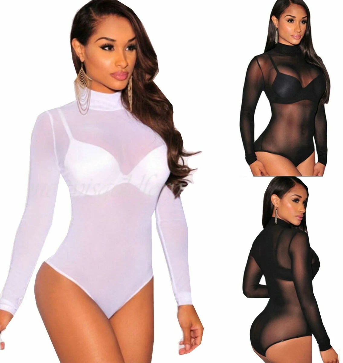 Plus Size Ladies Women's Turtle Polo High Neck Sheer Mesh Long Sleeve  Bodysuit