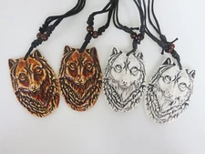 6Pcs Yak Bone Resin White/Brown Carved Wolf Face Head Pendant Amulet Necklace
