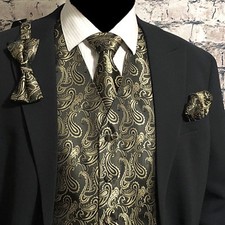 BLACK GOLD Paisley Tuxedo Dress Vest Waistcoat  Neck tie  Bowtie  Hanky SET