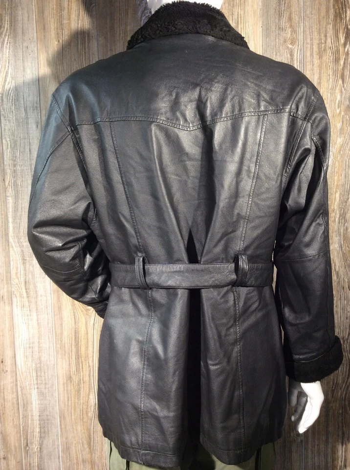 Abrigo de cuero Wilsons con cuello y puños de lana cremalleras grandes y cinturón C8 Foto 3 de 4