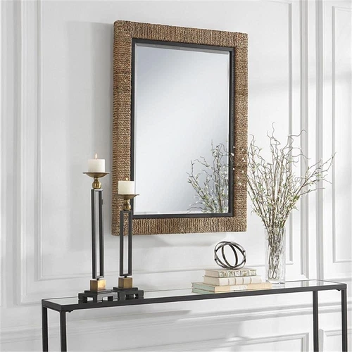 Uttermost Island Contemporary Iron Metal Braided Straw Mirror in Natural - Picture 7 of 8