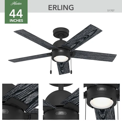 Hunter 44 inch Erling Matte Black Ceiling Fan with LED Light Kit and Pull Chain - Picture 4 of 13