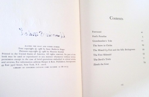 SIGNED ISAAC BASHEVIS SINGER & MAURICE SENDAK - ZLATEH THE GOAT - Hb Dj RARE 1ST - Imagen 3 de 6