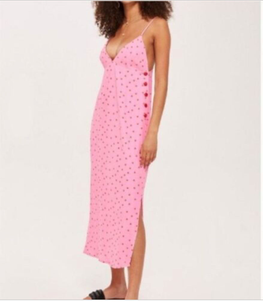 Topshop Pink Polka Dot Midi Dress Sz 6 Spaghetti Strap V-Neck Button Detail Slit