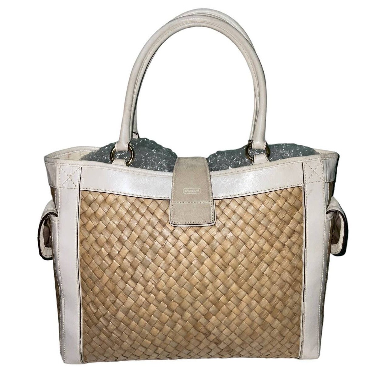 COACH Handbag Tote Bag Straw Cream Leather Suede Brass Purse