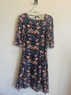 ZARA BASIC Navy Red Floral A-Line Midi Dress V Neck 3/4 Sleeve Size M