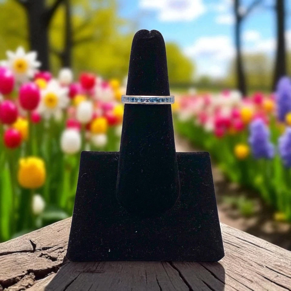 Vintage Platinum Natural Square Light Blue Topaz Channel Set Eternity Band Ring - Image 2 of 4