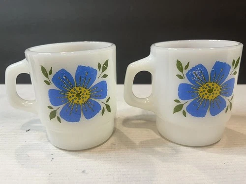 Fire King Anchor Hocking Mugs- Blue/ Yellow/ Red Set of 2 VTG