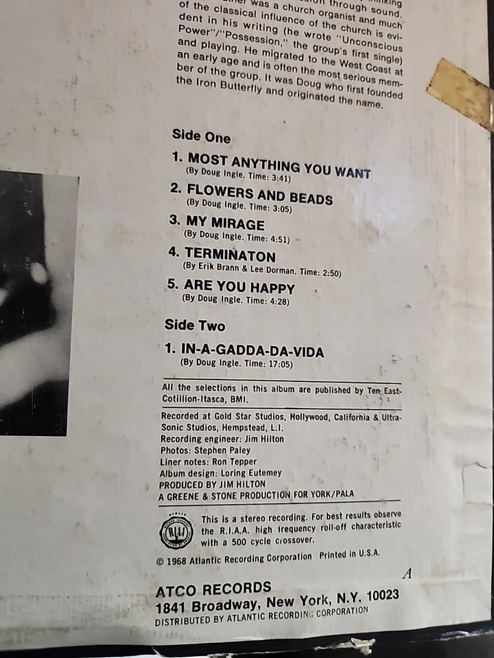 Iron Butterfly In-A-Gadda-Da-Vida 1968 Vinyl LP ATCO SD33-250 First Pressing VG - Image 4 of 4