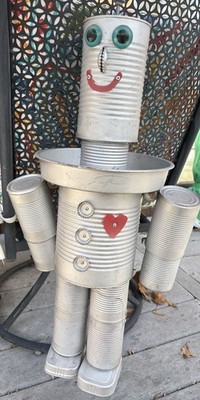 Vintage Folk Art Robot Smiling Soup Sardine Can Pie Plate Bird Feeder Handmade