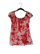 Vintage 90s Babydoll Top Milkmaid Red Floral Ruffle Y2K Fairy Coquette Size L