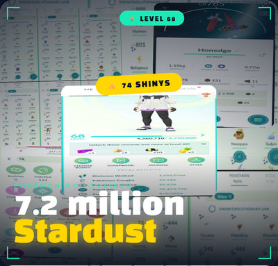 Pokémon Go Acc Level 68 +74 Shiny +7.2m Stardust - Male