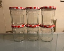 6 x Bonne Maman Glass Jam Jars with Red Gingham Lids. Empty, no labels, washed