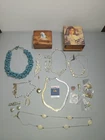 Vintage Costume Jewelry Lot Turquoise Necklace Rhinestones Pins + Wood Boxes