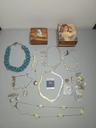 Vintage Costume Jewelry Lot Turquoise Necklace Rhinestones Pins + Wood Boxes