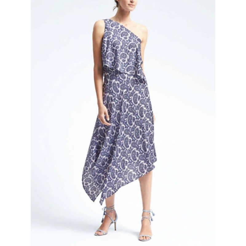 Banana Republic Women's Blue Paisley One Shoulder Asymmetrical Hem Dress Size 6